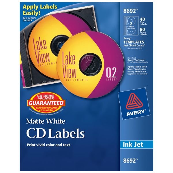 Avery Cd/Dvd Print-To-The-Edge Labels, 8692, Round, 4.65" Diameter, White, 40 Disc Labels And 80 Spine Labels