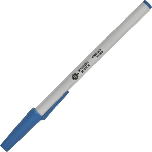 Business Source Medium Point Ballpoint Stick Pens - Medium Pen Point - Blue - Light Gray Barrel - Stainless Steel Tip - 1 Dozen