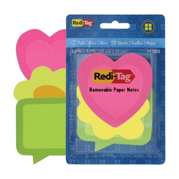 Redi-Tag Two-Tone Sticky Note Combo, Thought Bubbles-Flowers-Hearts, Approx. 2.63 Sq In, Assorted Colors, 50 Sheets/Pad, 3 Pads/Pack