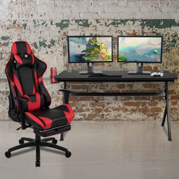Optis Gaming Desk And Red Footrest Reclining Gaming Chair Set - Cup Holder/Headphone Hook/Removable Mouse Pad Top/Wire Management