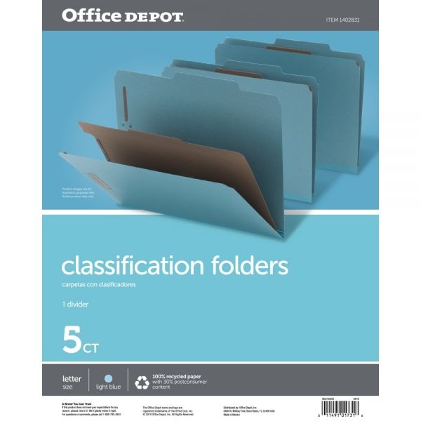 Classification Folders, 1 3/4" Expansion, Letter Size, 1 Divider, 100% Recycled, Blue, Pack Of 5 Folders