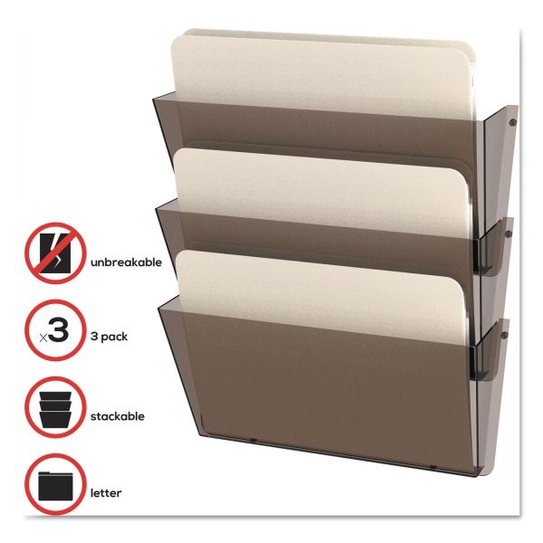 Deflecto Unbreakable Docupocket Wall File, 3 Sections, Letter Size, 14.5" X 3" X 6.5", Smoke, 3/Pack