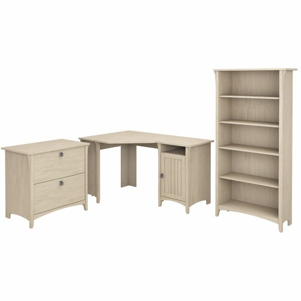 Bush Furniture Salinas 55W Corner Desk With Lateral File Cabinet And 5 Shelf Bookcase In Antique White