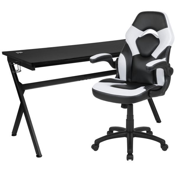 Optis Gaming Desk And White/Black Racing Chair Set /Cup Holder/Headphone Hook/Removable Mouse Pad Top - 2 Wire Management Holes