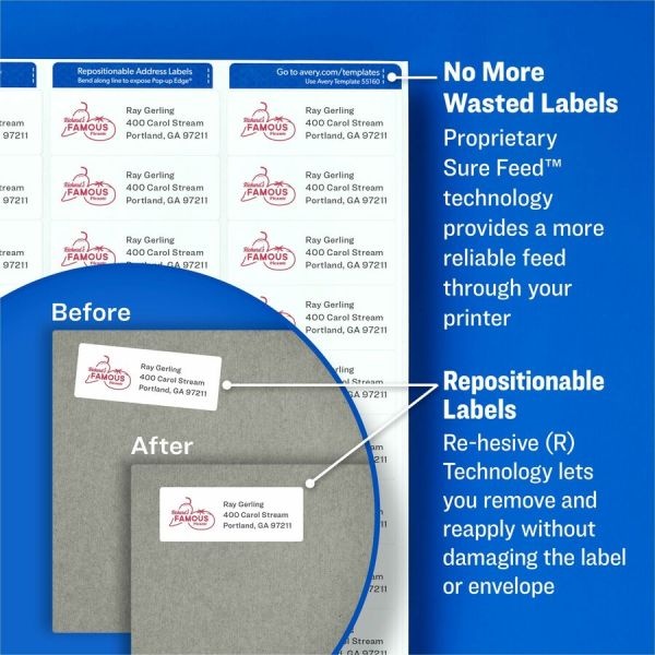 Avery Repositionable Shipping Labels With Sure Feed Technology, 55613, Rectangle, 2" X 4", White, Pack Of 1,000