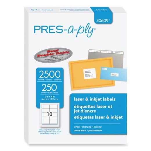 Pres-A-Ply Labels, Laser Printers, 2 x 4, White, 10/Sheet, 250 Sheets/Box