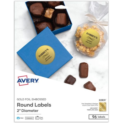 Avery Printable Embossed Foil Labels, 22831, Round, 2" Diameter, Gold, Pack Of 96 Customizable Labels