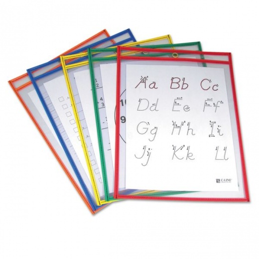 C-Line Reusable Dry Erase Pockets, 9 X 12, Assorted Primary Colors, 5/Pack