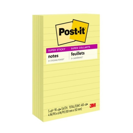 Post-it Super Sticky Notes, 4 In X 6 In, 5 Pads, 90 Sheets/Pad, 2X The Sticking Power, Canary Yellow, Lined