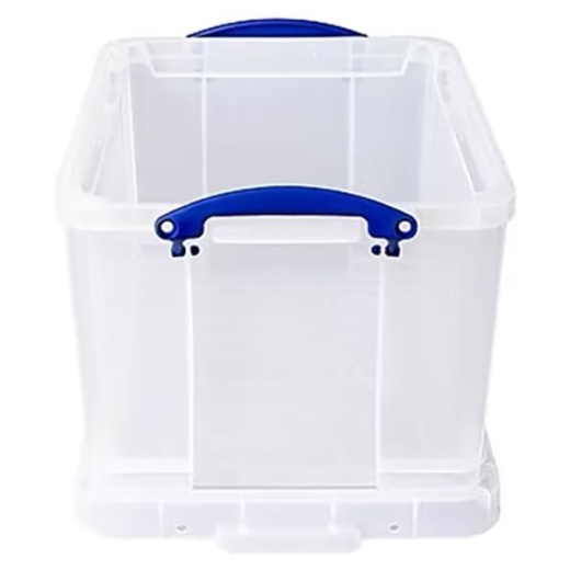 Really Useful Box Plastic Storage Container With Built-In Handles And Snap Lid, 32 Liters, 19" x 14" x 12", Clear