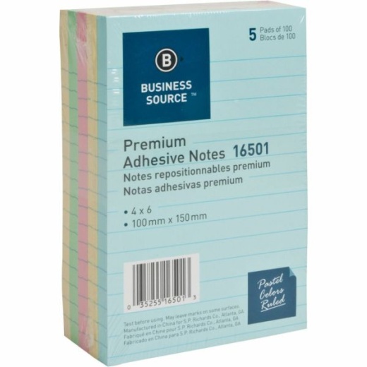 Business Source Ruled Adhesive Notes - 4" X 6" - Square - Ruled - Pastel