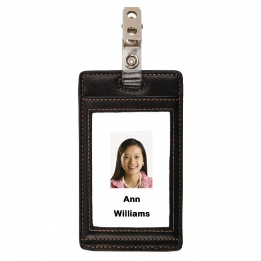 Faux Leather ID Badge Holder, Vertical, Black/Tan
