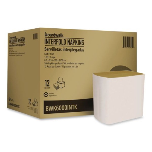 Boardwalk Interfold Napkins, 1-Ply, 8.8 X 6.3, Kraft, 500/Pack, 12 Packs/Carton