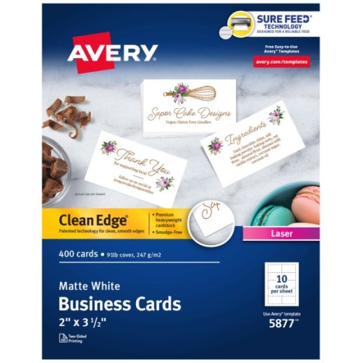 Avery Clean Edge Printable Business Cards With Sure Feed Technology For Laser Printers, 2" x 3.5", White, 400 Blank Cards