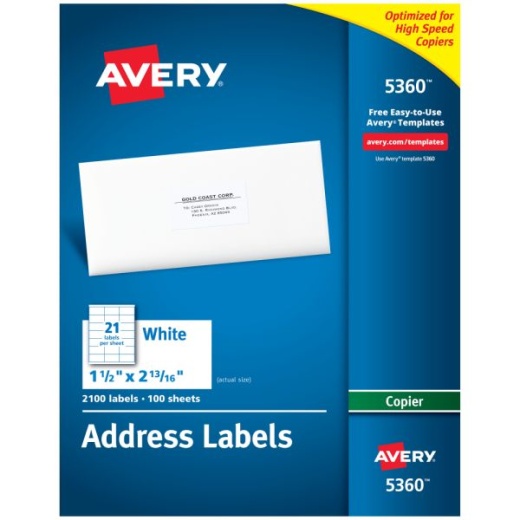 Avery Address Labels for Copiers, 5360, Rectangle, 1" x 2-13/16", White, Pack of 2,100
