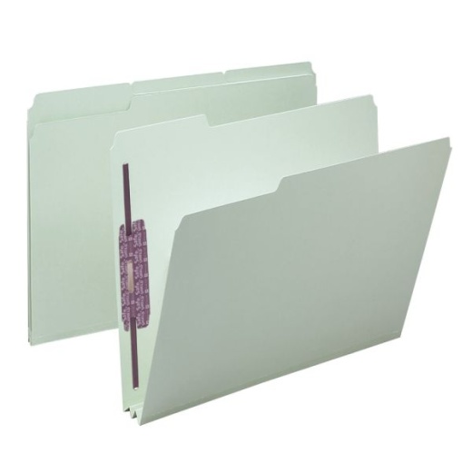 Smead Pressboard Fastener Folders with Safeshield Fasteners, 2" Expansion, Letter Size, 100% Recycled, Gray/Green, Box Of 25