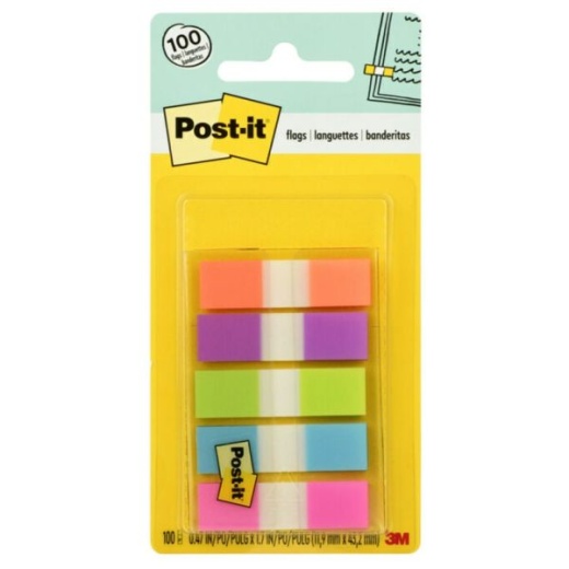 Post-It Notes Flags, 1/2" x 1-7/10", Assorted Bright Colors, 20 Flags Per Pad, Pack Of 5 Pads