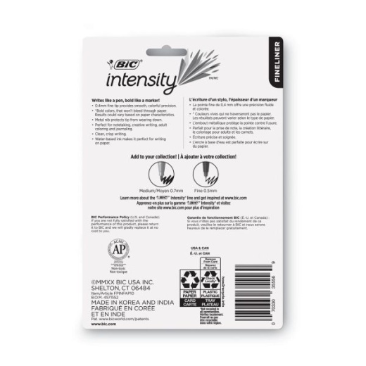 Bic Intensity Fineliner Marker Pens, Fine Point, 0.4 Mm, Assorted Ink  Colors, Pack Of 10 Pens