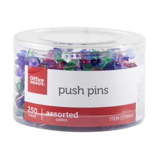Push Pins, 9/10", Assorted Colors, Pack Of 250