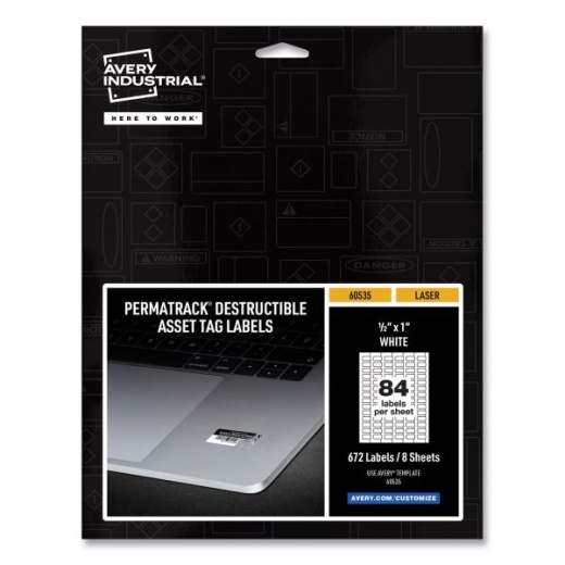 Avery Permatrack Destructible Asset Tag Labels, Laser Printers, 0.5 X 1, White, 84/Sheet, 8 Sheets/Pack