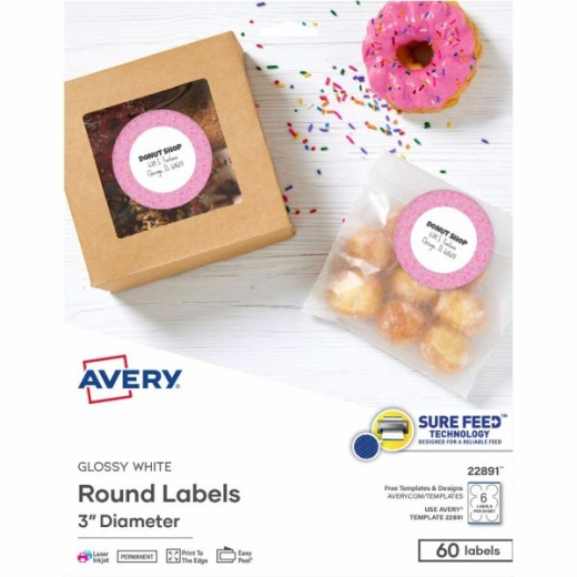 Avery Glossy White Labels, 3" Round, 60 Labels (22891)