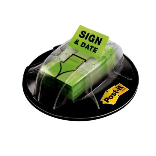 Post-It Message Flags In Desk Grip Dispenser, 'Sign & Date', Bright Green, 1'' x 1-11/16''