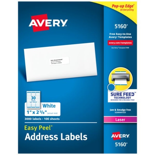 Avery Easy Peel Address Labels with Sure Feed Technology, 5160, 1 x 2 5/8, White