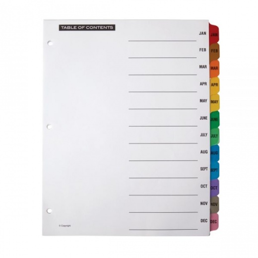 Table Of Contents Customizable Index With Preprinted Tabs, Multicolor, January-December