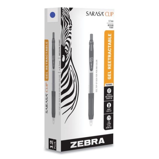 Zebra Sarasa Clip Gel Pen, Retractable, Medium 0.7 Mm, Blue Ink, Clear/Blue Barrel, 12/Pack