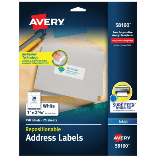 Avery Repositionable Address Labels, 58160, Rectangle, 1" x 2-5/8", White, Pack Of 750