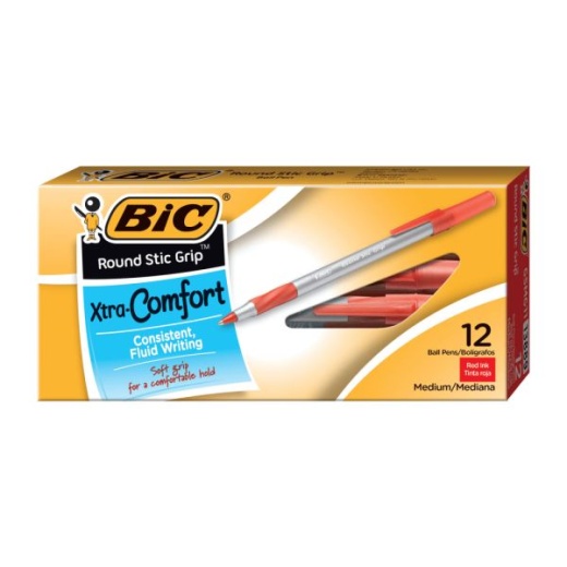 Bic Round Stic Grip Xtra Comfort Ballpoint Pen, Easy-Glide System, Stick, Medium 1.2 Mm, Red Ink, Gray/Red Barrel, Dozen