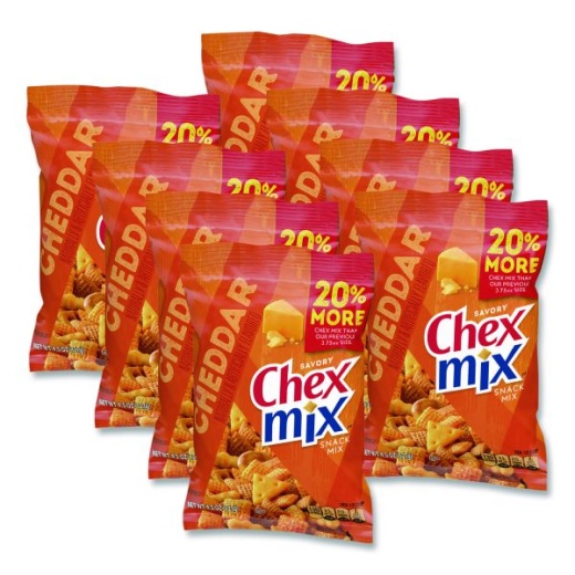 Chex Mix Snacks, Cheddar, 4.5 Oz Bag, 8/Carton
