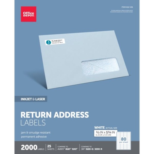 Inkjet/Laser Return Address Labels, Rectangle 1/2" x 1 3/4", White, Pack Of 2,000