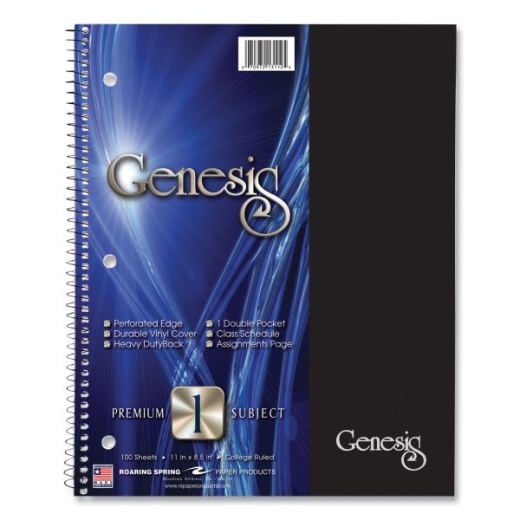 Roaring Spring Genesis Notebook, 1-Subject, Medium/College Rule, Randomly Assorted Cover Colors, (100) 11 X 9 Sheets, 12/Carton