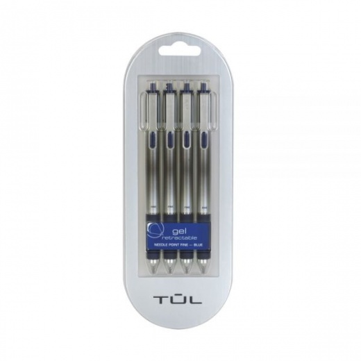 Tul Gl Series Retractable Gel Pens, Needle Point, 0.5 Mm, Silver Barrel, Blue Ink, Pack Of 4 Pens