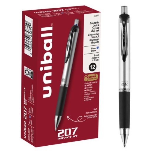 Uniball Rt Gel Pens, 207 Impact, Bold Point, 1.0 Mm, Gray Barrel, Blue Ink, Pack Of 12
