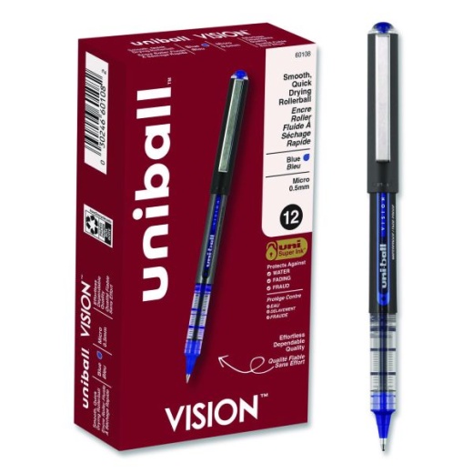 Uniball Vision Roller Ball Pen, Stick, Extra-Fine 0.5 Mm, Blue Ink, Gray/Blue/Clear Barrel, Dozen - Elevate Your Writing Experience