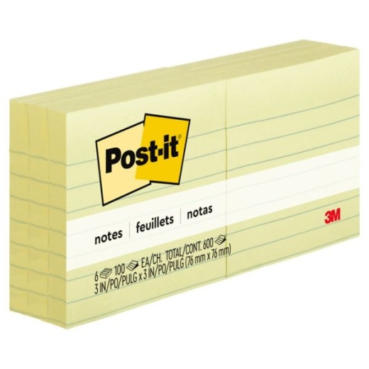 3 in x 3 in Canary Yellow Post-it Notes, 6 Pads, 100 Sheets/Pad, Clean Removal, Lined