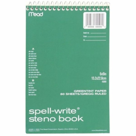Mead Spell-Write Steno Book - 80 Sheets - Wire Bound - 6" X 9" - Green Paper - Cardboard Cover - 1 Each