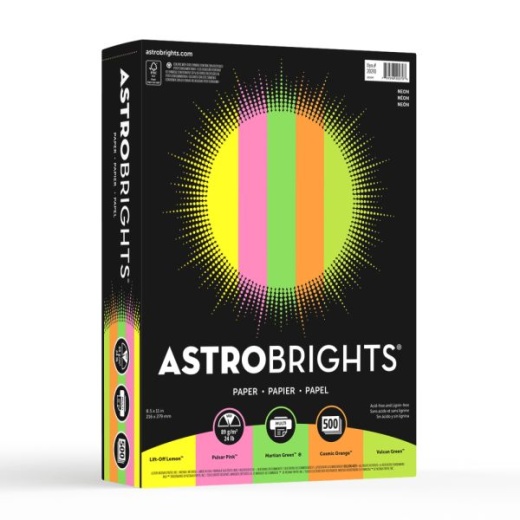 Astrobrights Color Multi-Use Printer & Copy Paper, Neon Assortment, Letter (8.5" x 11"), 500 Sheets Per Ream, 24 Lb, 94 Brightness