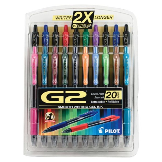 Pilot G2 Retractable Gel Pens, Fine Point, 0.7 Mm, Clear Barrel, Assorted Ink Colors, Pack Of 20
