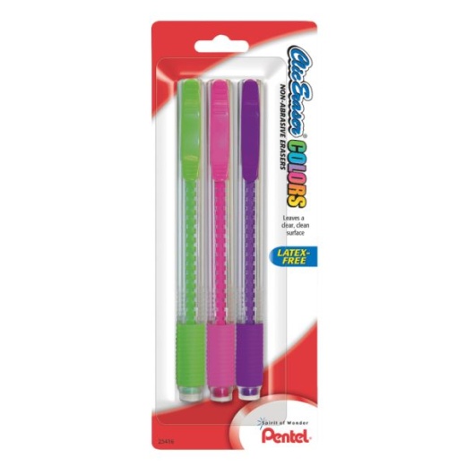 Pentel Clic Erasers, Assorted Colors, Pack Of 3