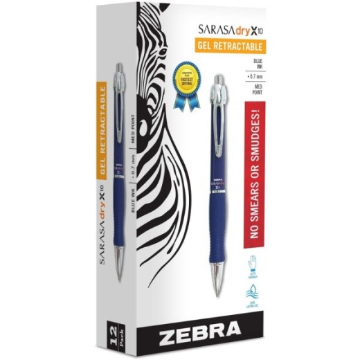 Zebra Sarasa Dry X10 Gel Pen, Retractable, Medium 0.7 Mm, Blue Ink, Blue/Silver Barrel, 12/Pack