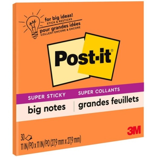 Post-It Super Sticky Big Notes, 11" X 11", Orange, 30 Sheets Per Pad
