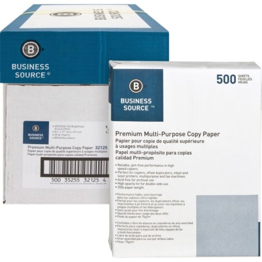 Business Source Premium Multi-Use Printer & Copy Paper, Letter (8.5" X 11"), 2500 Sheets Per Case, 20 Lb, 92 Brightness