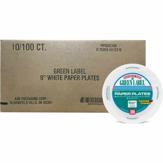 AJM Packaging Green Label Paper Plates, 9" White, 100 Plates Per Pack, Case Of 10 Packs