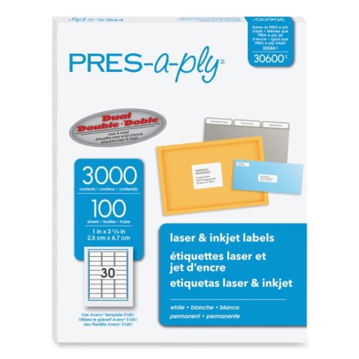 Pres-A-Ply Labels, Laser Printers, 1 x 2.63, White, 30/Sheet, 100 Sheets/Box