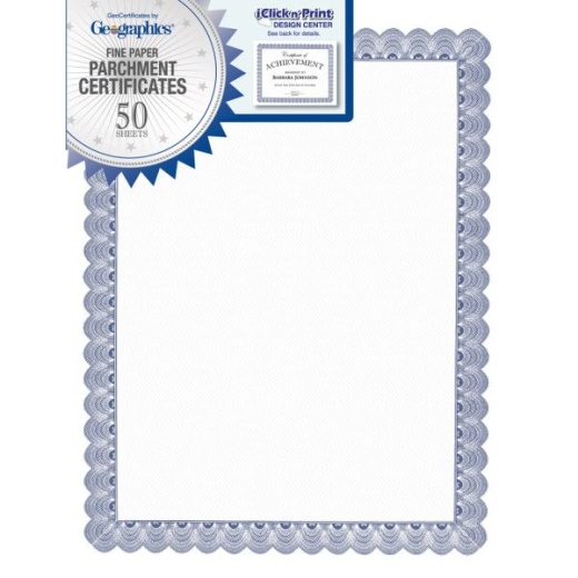 Geographics Parchment Certificates, 8-1/2" x 11", Conventional Blue, Pack Of 50