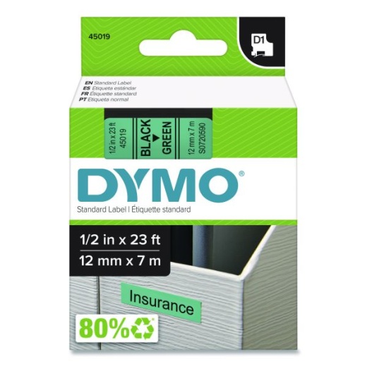 Dymo D1 High-Performance Polyester Removable Label Tape, 0.5" x 23 Ft, Black On Green