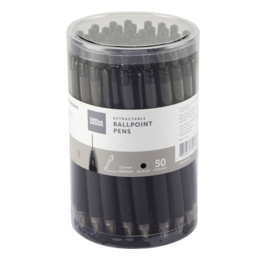 Retractable Ballpoint Pens with Grips, Medium Point, 1.0 Mm, Black Barrels, Black Ink, Pack of 50 Pens